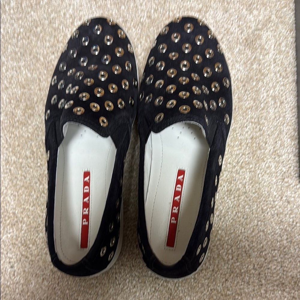 Prada Black and Silver Studded Loafers